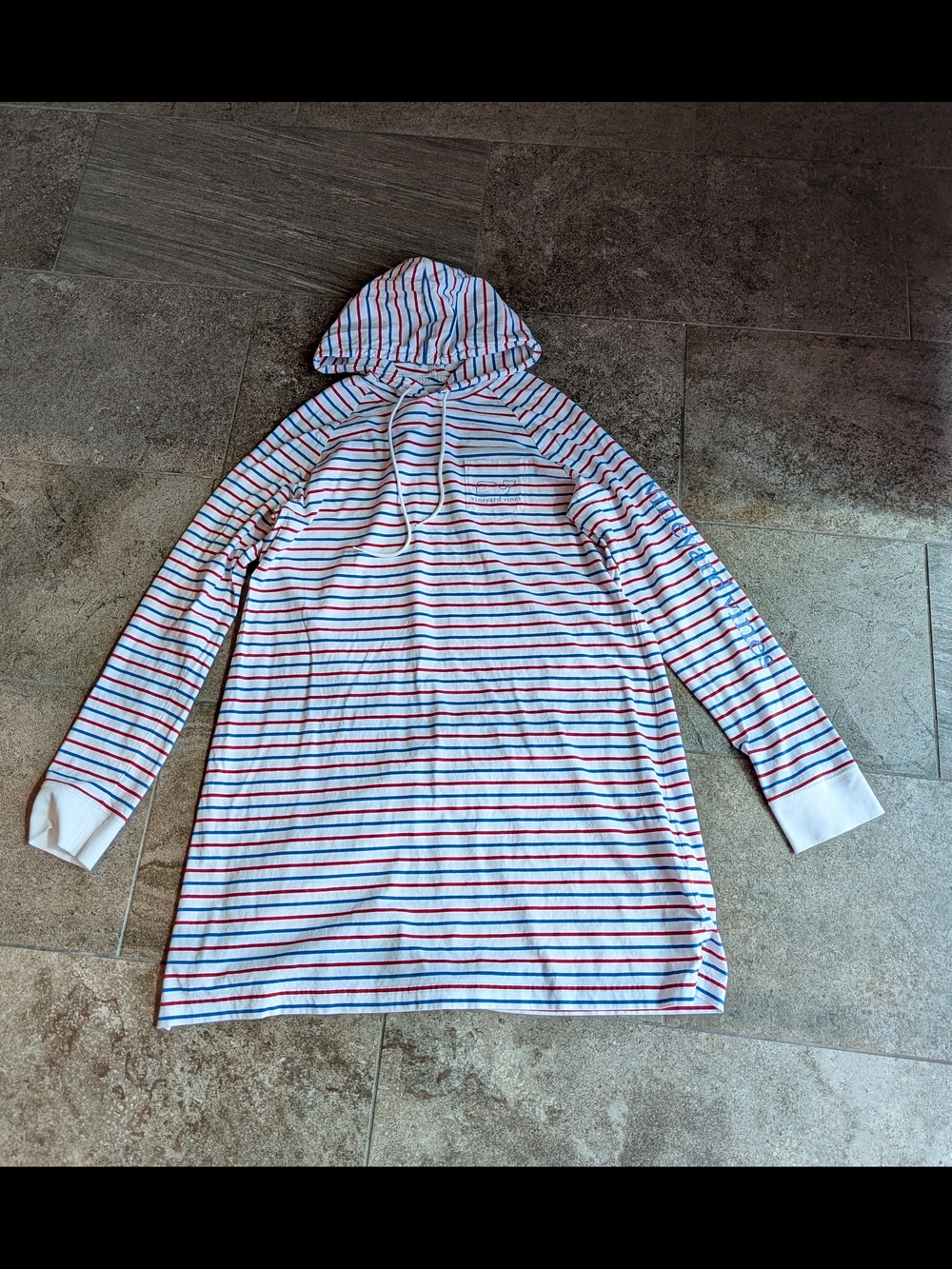 Vineyard Vines White Long Sleeve Hooded Dress with Red and Blue Stripes
